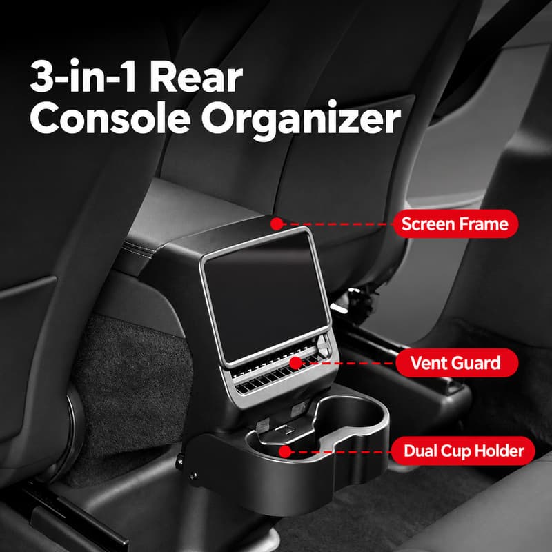 TINKON folding rear cup holder with screen frame and vent guard for compatible Tesla Model 3 and Model Y rear consoles - additional view 2