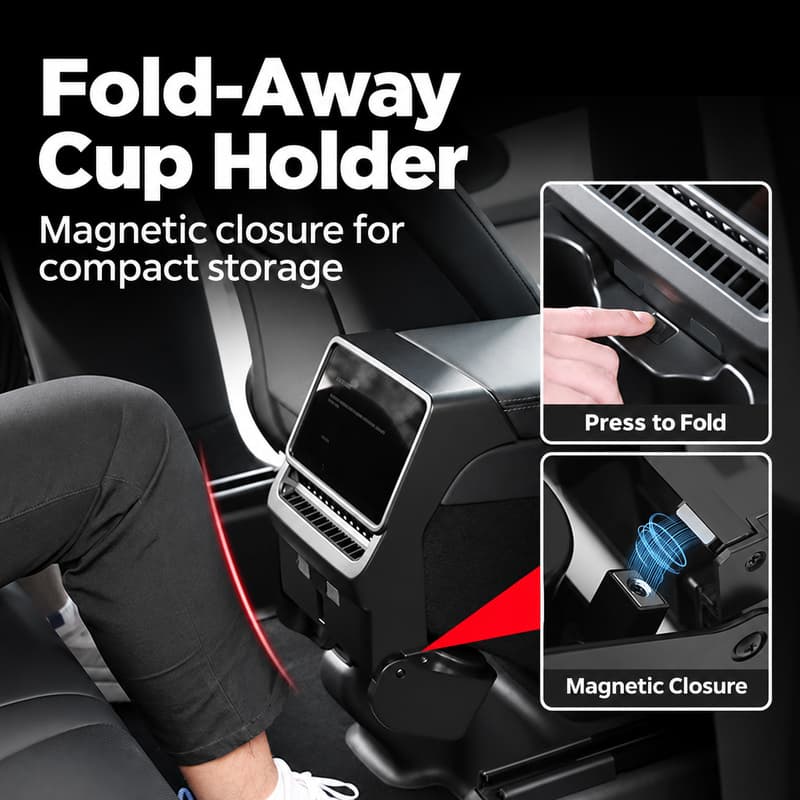 TINKON folding rear cup holder with screen frame and vent guard for compatible Tesla Model 3 and Model Y rear consoles - additional view 4