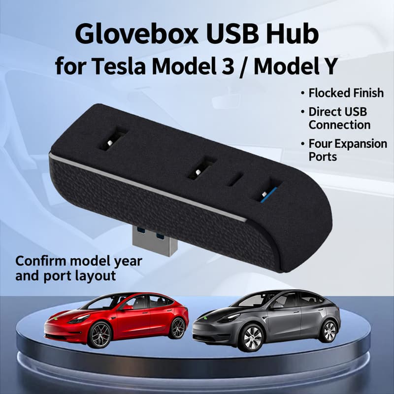 TINKON four-port glovebox USB hub with three USB-A ports and one USB-C port for compatible Tesla Model 3 and Model Y layouts - additional view 2