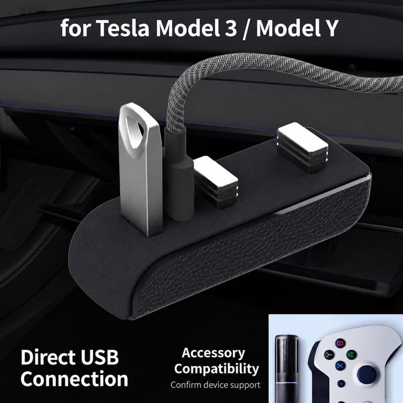TINKON four-port glovebox USB hub with three USB-A ports and one USB-C port for compatible Tesla Model 3 and Model Y layouts - additional view 3