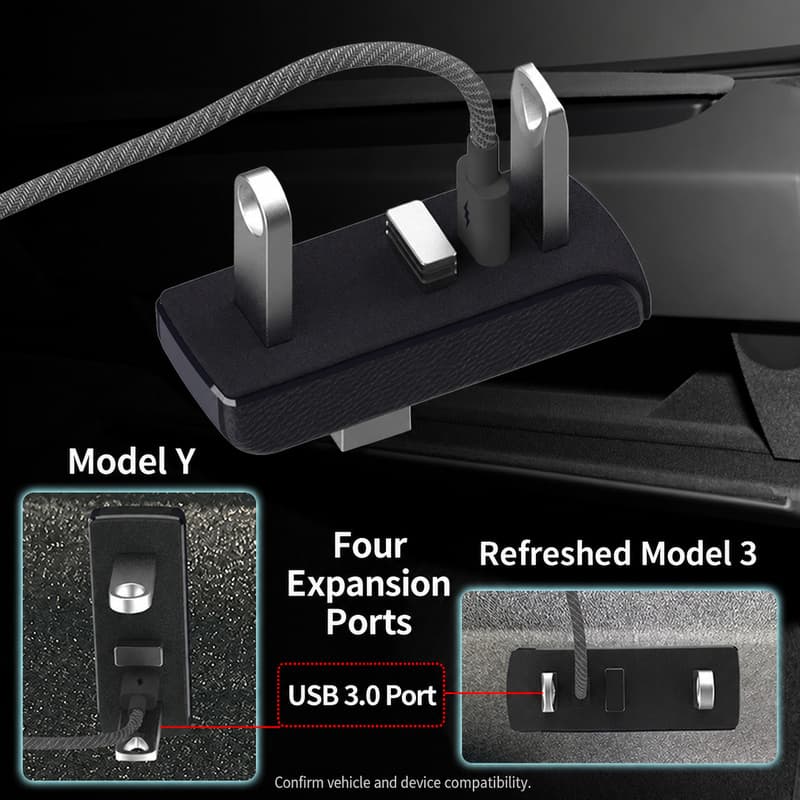 TINKON four-port glovebox USB hub with three USB-A ports and one USB-C port for compatible Tesla Model 3 and Model Y layouts - additional view 4