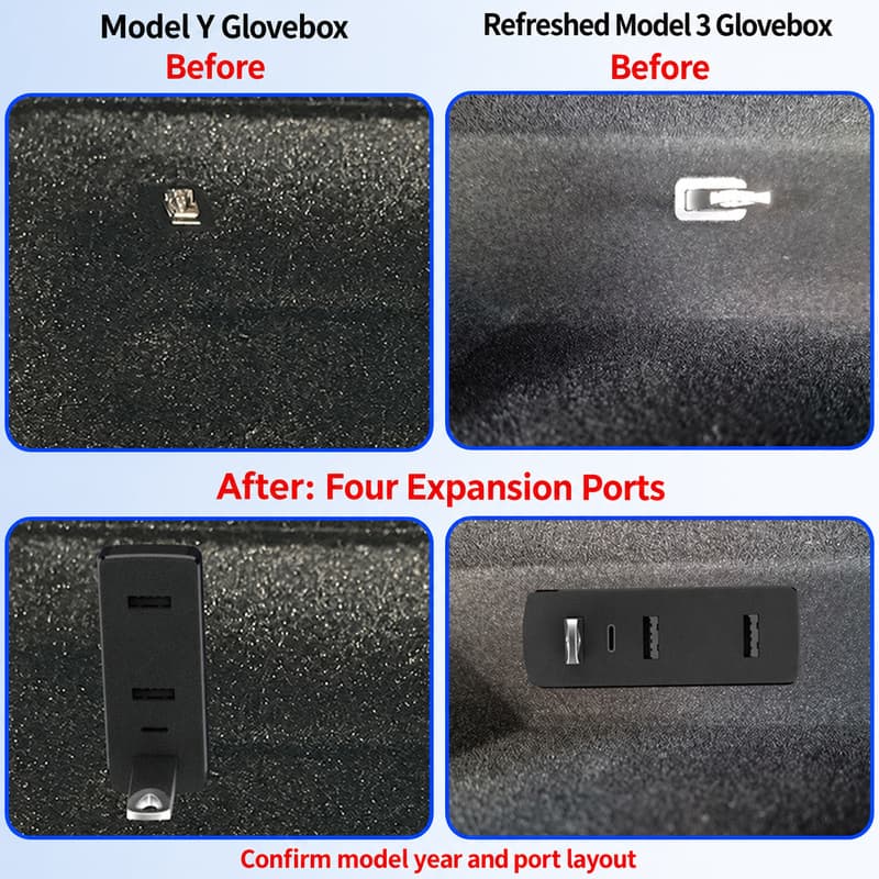 TINKON four-port glovebox USB hub with three USB-A ports and one USB-C port for compatible Tesla Model 3 and Model Y layouts - additional view 6