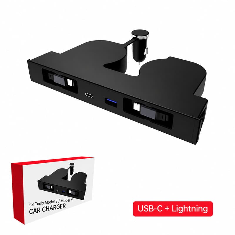 TINKON hidden console charging hub with retractable cables and USB-A plus USB-C ports for compatible Tesla Model 3 and Model Y interiors - additional view 2