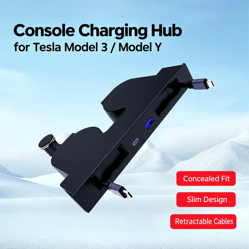 TINKON hidden console charging hub with retractable cables and USB-A plus USB-C ports for compatible Tesla Model 3 and Model Y interiors - additional view 3