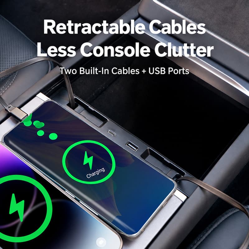 TINKON hidden console charging hub with retractable cables and USB-A plus USB-C ports for compatible Tesla Model 3 and Model Y interiors - additional view 4