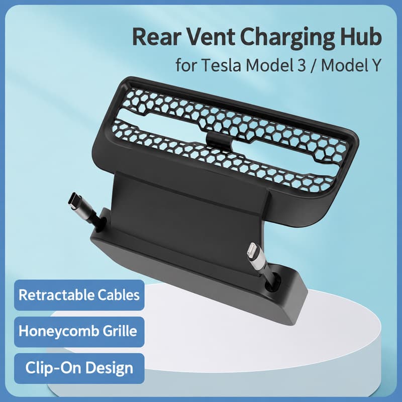TINKON rear air vent charging hub with retractable cables for compatible Tesla Model 3 and Model Y interiors - additional view 2