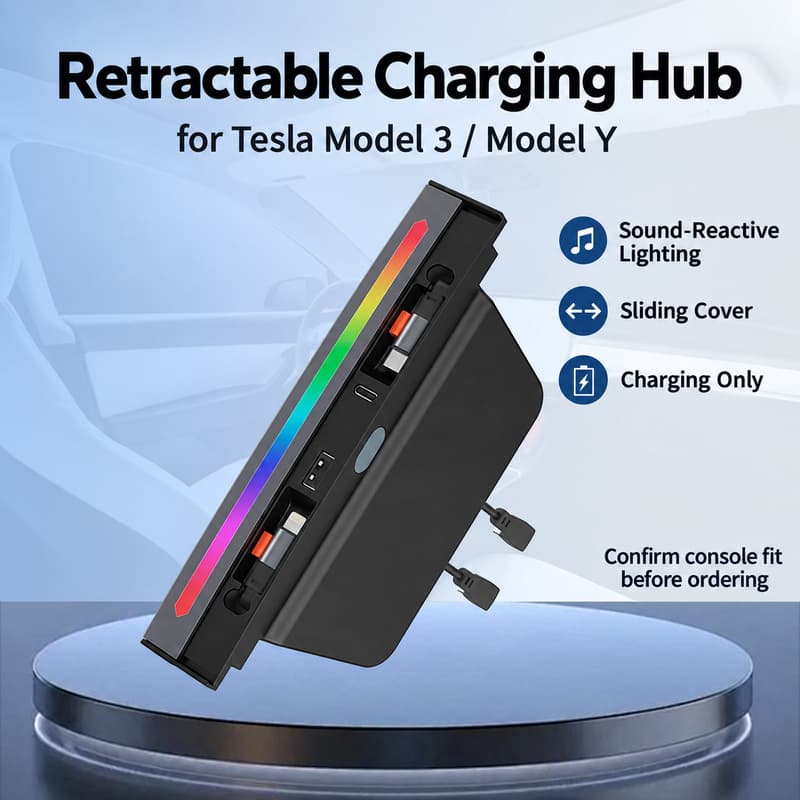 TINKON retractable center console charging hub for compatible Tesla Model 3 and Model Y interiors - additional view 2