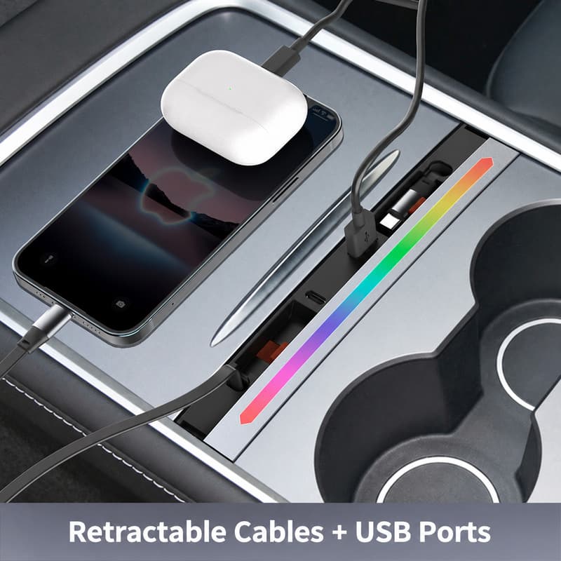 TINKON retractable center console charging hub for compatible Tesla Model 3 and Model Y interiors - additional view 4