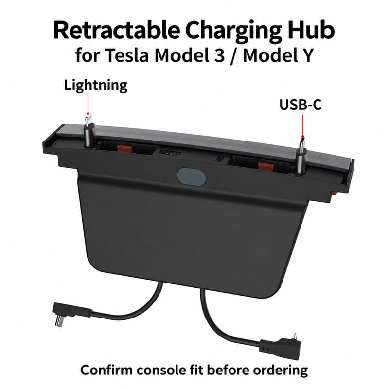TINKON retractable center console charging hub for compatible Tesla Model 3 and Model Y interiors - additional view 6
