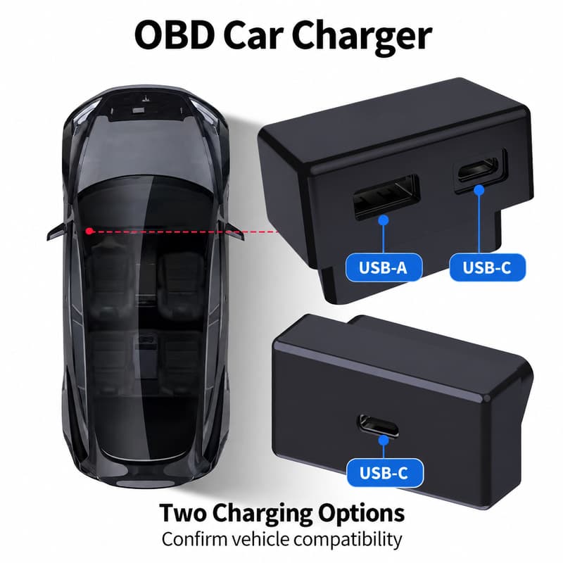 TINKON compact OBD car charger with single USB-C or USB-A plus USB-C port options
