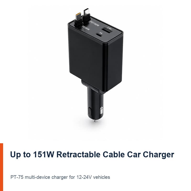 TINKON PT75 retractable cable car charger with USB-C and USB-A ports