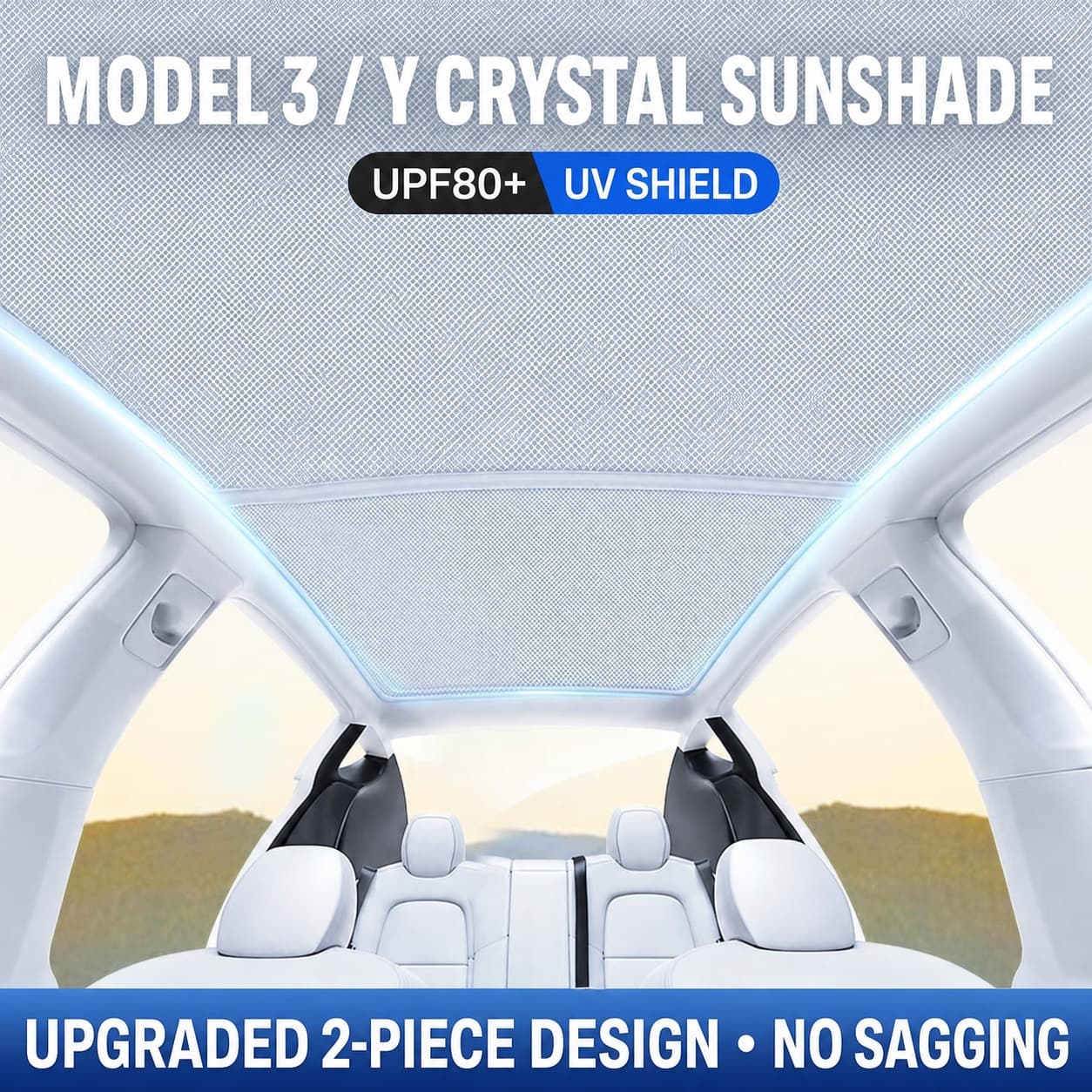 TINKON two-piece crystal panoramic roof sunshade for Tesla Model 3 and Model Y