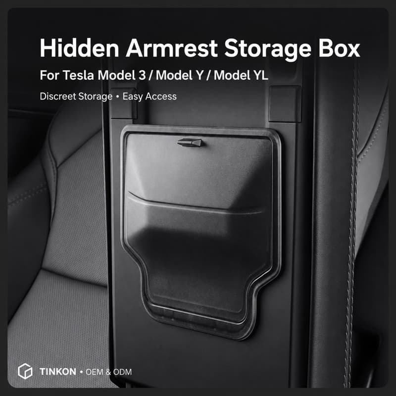 Hidden armrest storage box for Tesla vehicles