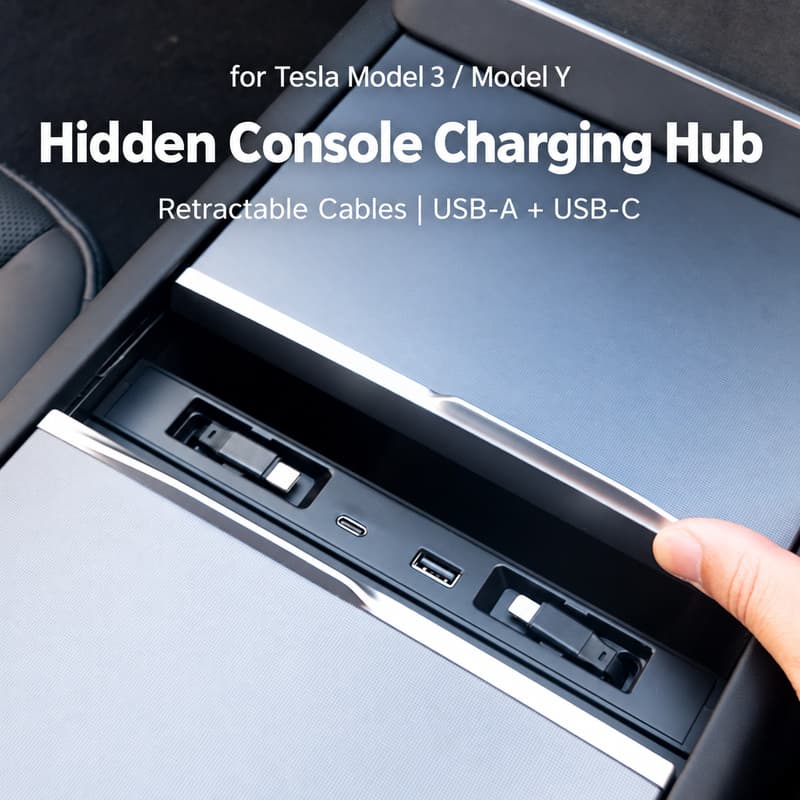TINKON hidden console charging hub with retractable cables and USB-A plus USB-C ports for compatible Tesla Model 3 and Model Y interiors