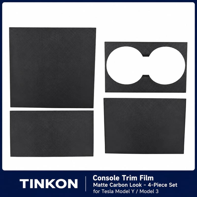 TINKON four-piece matte carbon-look console trim film for Tesla Model Y and Model 3