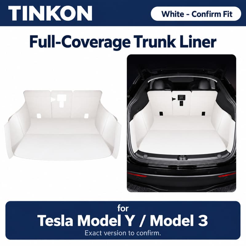 TINKON white full-coverage trunk liner for selected Tesla Model Y and Model 3 versions