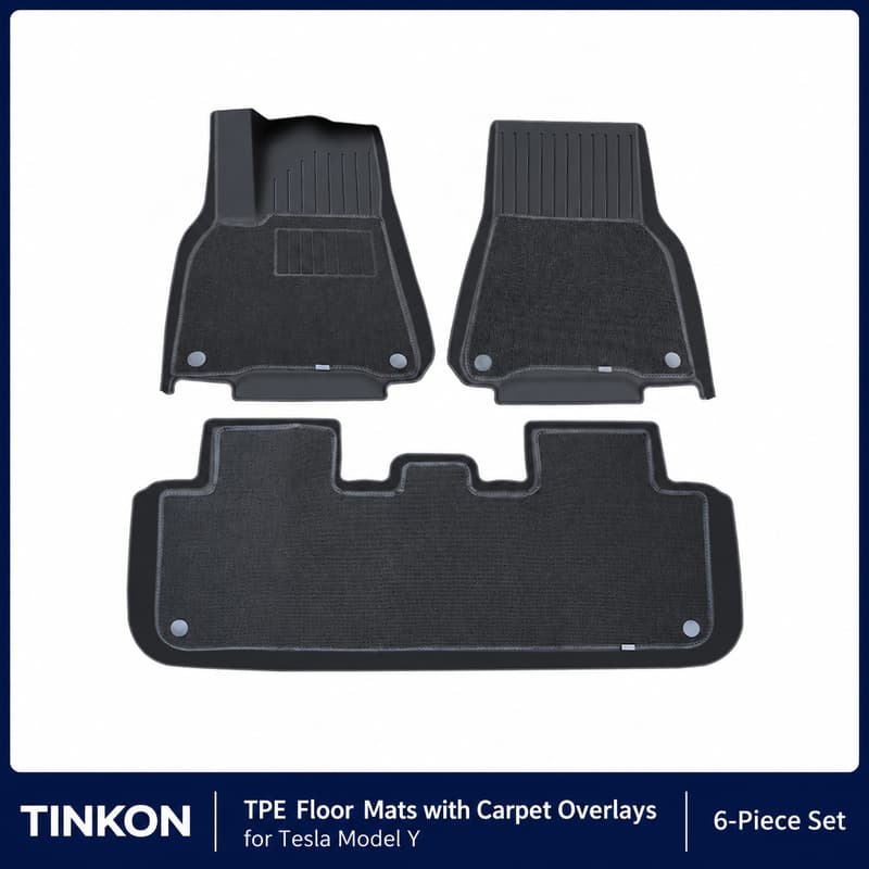 TINKON six-piece TPE floor mat set with carpet overlays for Tesla Model Y