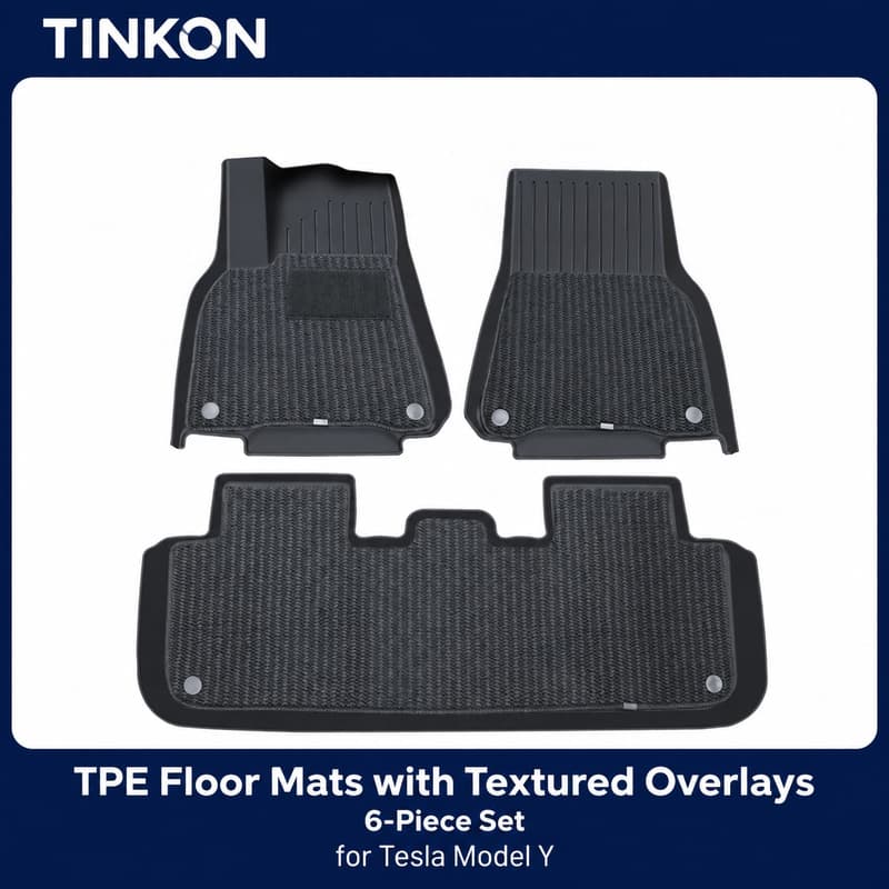 TINKON six-piece TPE floor mat set with textured overlays for Tesla Model Y