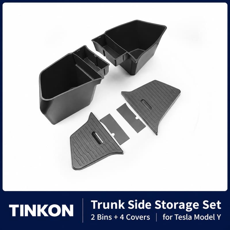 TINKON trunk side storage set with two bins and four covers for Tesla Model Y