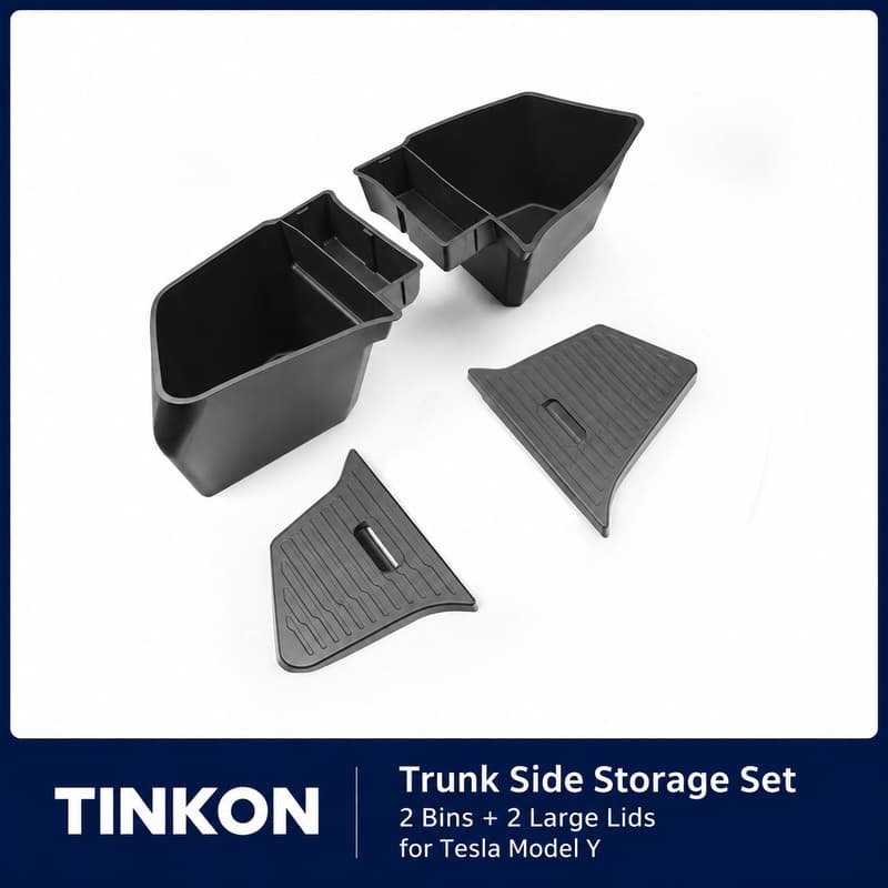 TINKON trunk side storage set with two bins and two large lids for Tesla Model Y