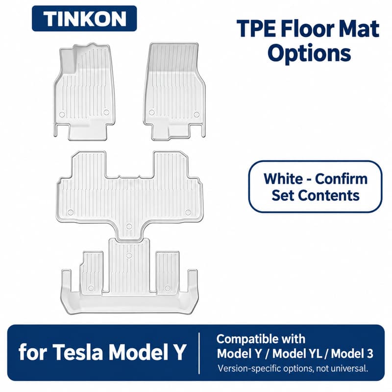 TINKON white TPE floor mat options for selected Tesla Model Y, Model YL and Model 3 interiors