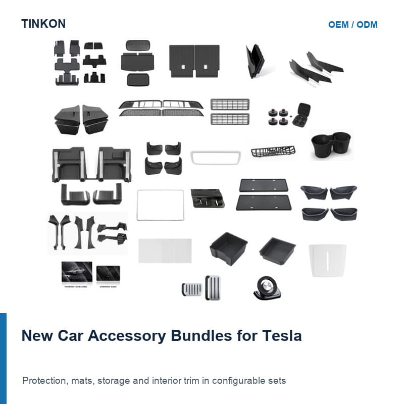 TINKON configurable new-car protection and storage accessory bundle for Tesla vehicles